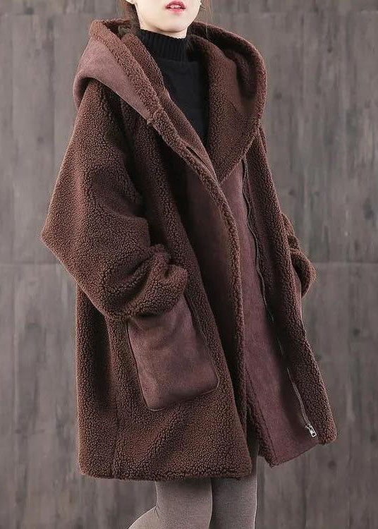 Fitted Chocolate Zippered Pockets Loose Thick Winter Long Sleeve Hooded Coat