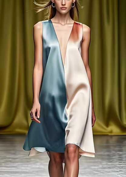 Fitted Colorblock Deep-v Neck Patchwork Silk Mid Dress Summer