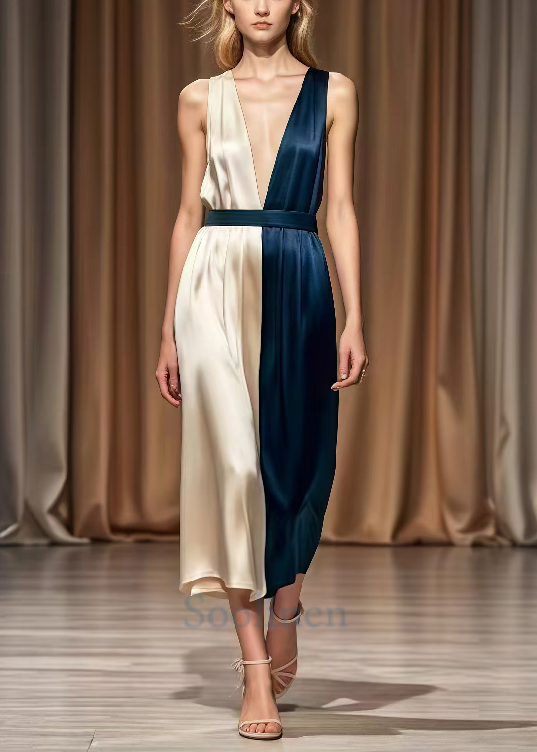 Fitted Colorblock Deep-v Neck Patchwork Silk Robe Dresses Summer