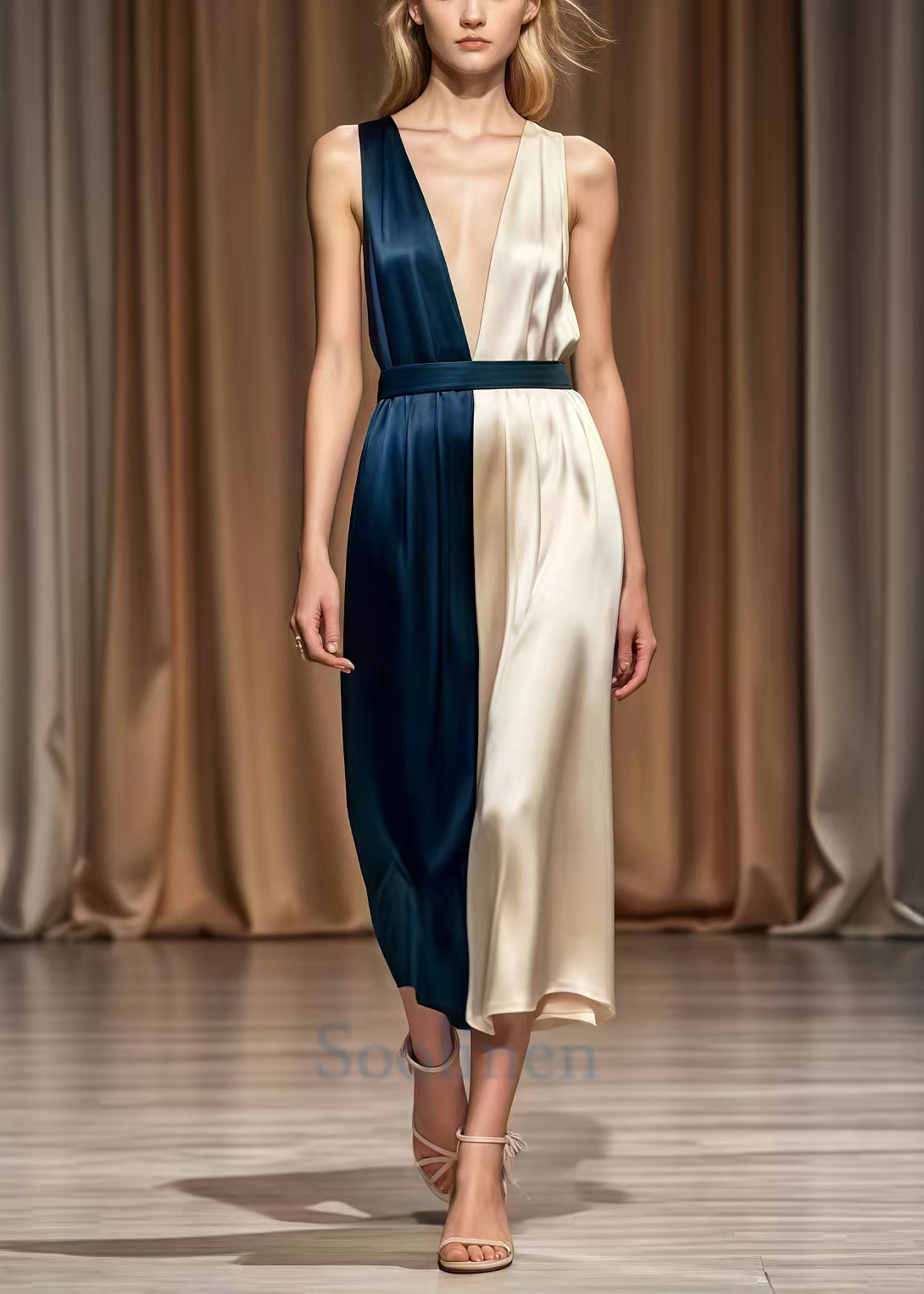 Fitted Colorblock Deep-v Neck Patchwork Silk Robe Dresses Summer