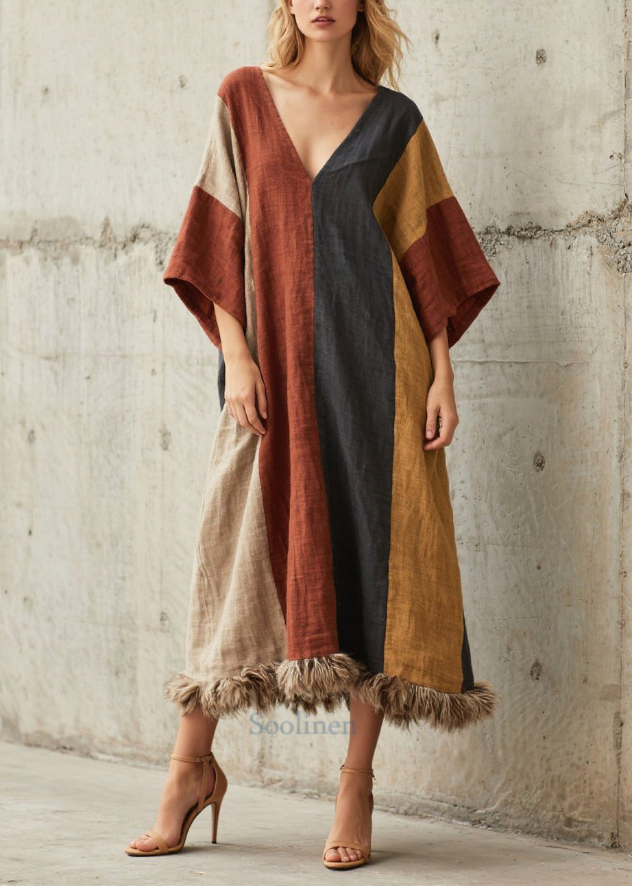Fitted Colorblock Oversized Patchwork Faux Fur Maxi Dress Batwing Sleeve