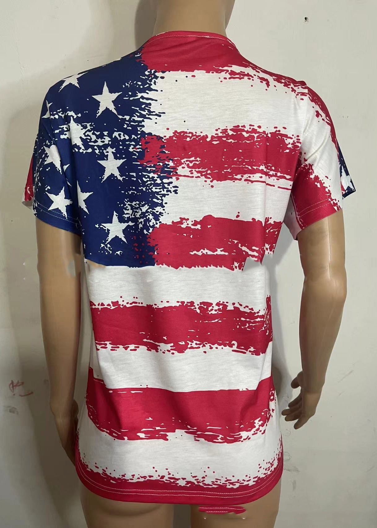 Fitted Colorblock V Neck Independence Day Print Cotton Tank Tops Short Sleeve