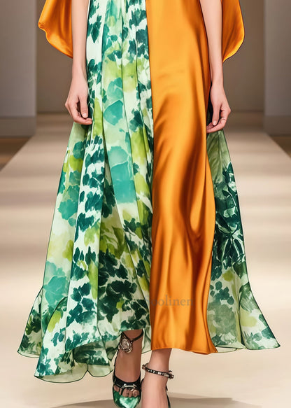 Fitted Golden Asymmetrical Patchwork Print Silk Maxi Dress Summer