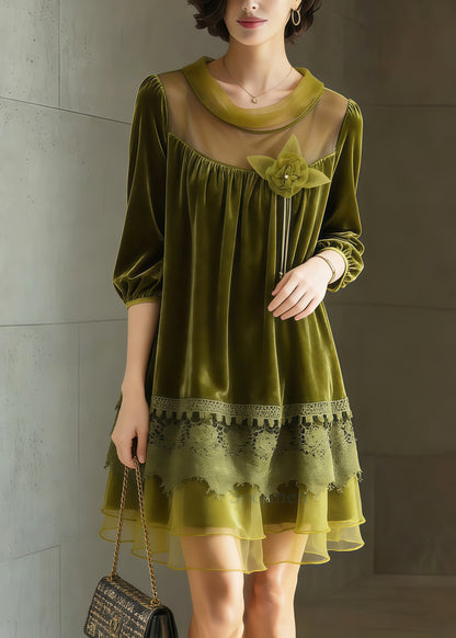 Fitted Grass Green Oversized Patchwork Silk Velvet Tea Dress Half Sleeve
