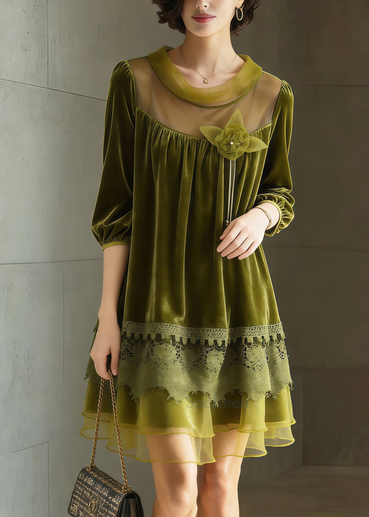 Fitted Grass Green Oversized Patchwork Silk Velvet Tea Dress Half Sleeve