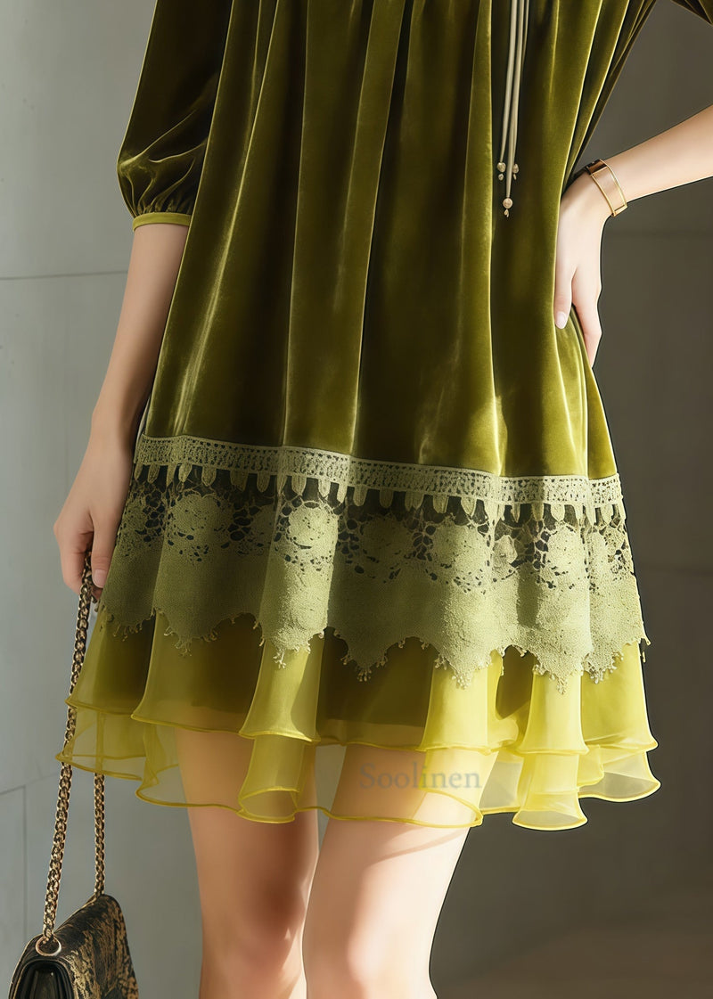 Fitted Grass Green Oversized Patchwork Silk Velvet Tea Dress Half Sleeve
