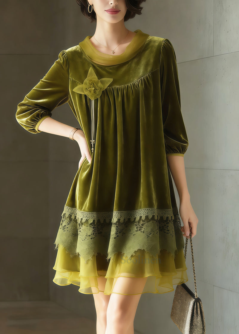 Fitted Grass Green Oversized Patchwork Silk Velvet Tea Dress Half Sleeve