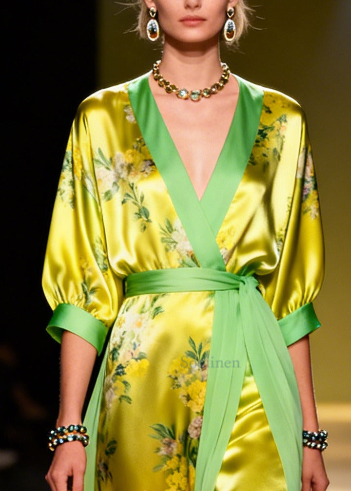 Fitted Grass Green Print Tulle Patchwork Silk Party Dresses Summer