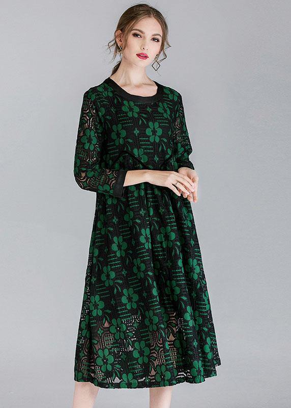 Fitted Green Hollow Out Jacquard Spring Long Sleeve Mid Dress