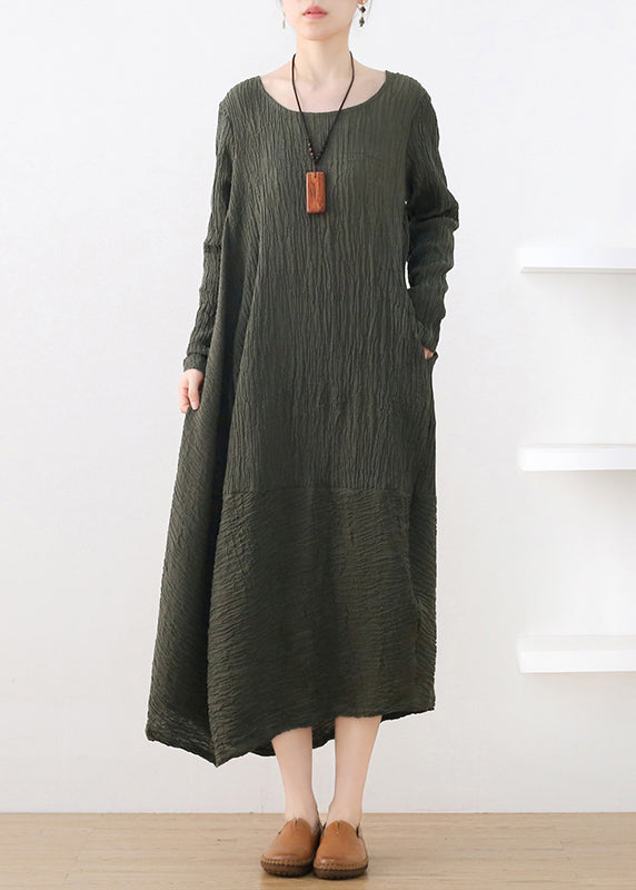 Fitted Green O-neck Asymmetrical Cotton Maxi Dress Long Sleeve