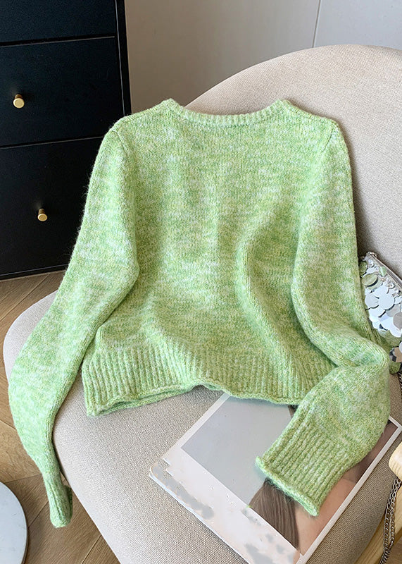 Fitted Green O-neck Button Cozy Cotton Knit Cardigan Spring