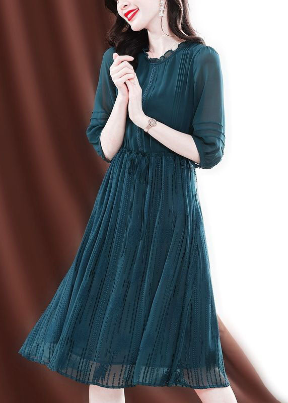 Fitted Green O-neck Ruffled Tie Waist Silk Maxi Dresses Half Sleeve