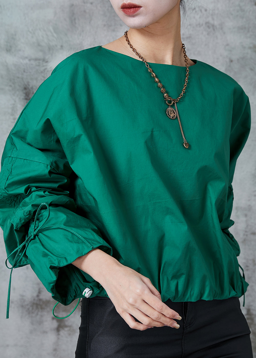 Fitted Green Oversized Drawstring Cotton Pullover Streetwear Spring