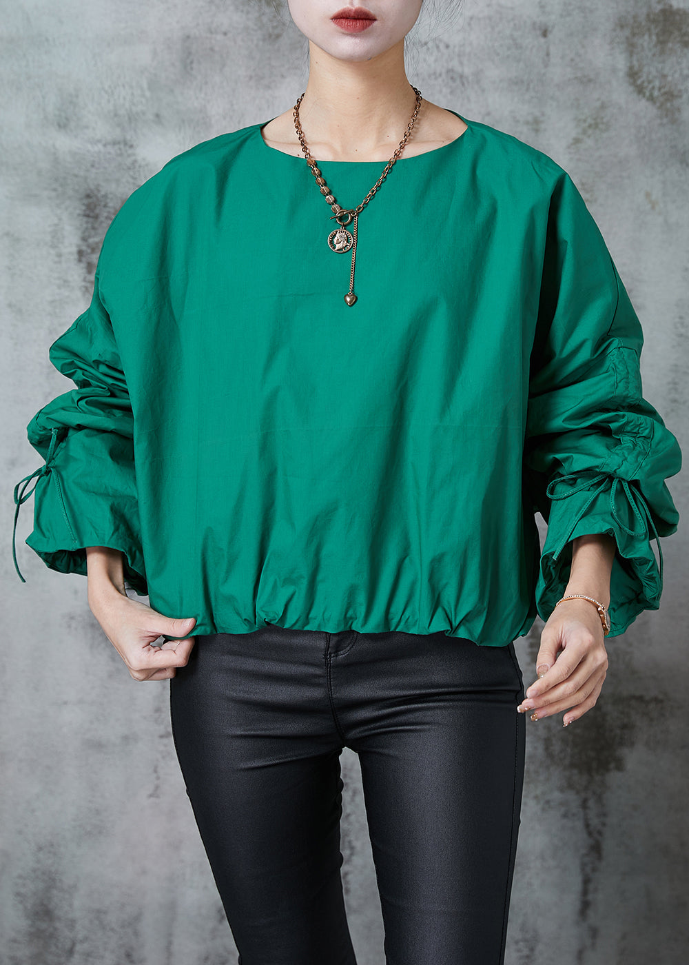 Fitted Green Oversized Drawstring Cotton Pullover Streetwear Spring