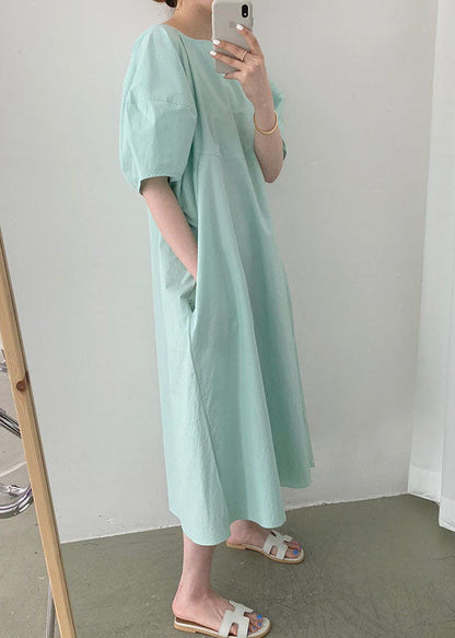 Fitted Green Puff Sleeve Cotton Vacation Dresses Spring