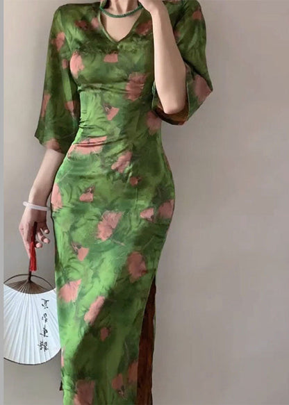 Fitted Green V Neck Print Side Open Silk Maxi Dress Bracelet Sleeve