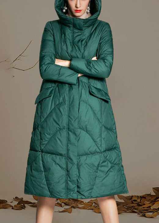 Fitted Green Hooded Zippered Winter Duck Down Coat