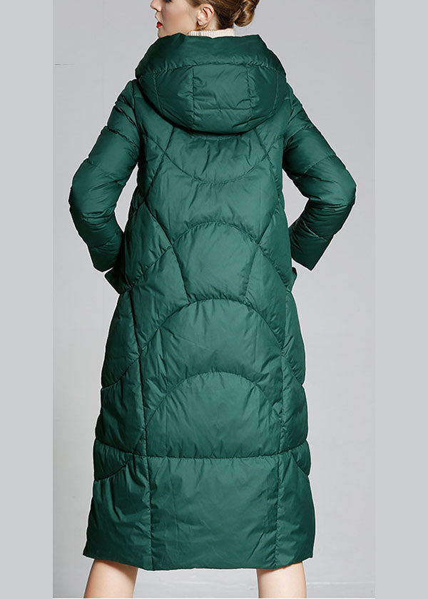 Fitted Green Hooded Zippered Winter Duck Down Coat