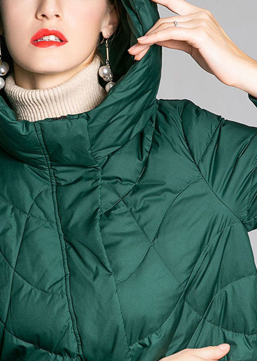 Fitted Green Hooded Zippered Winter Duck Down Coat