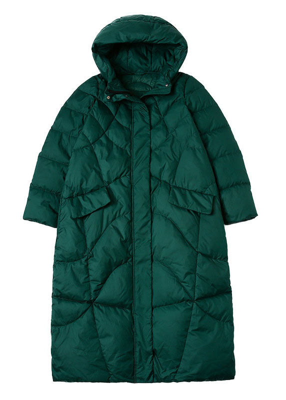 Fitted Green Hooded Zippered Winter Duck Down Coat