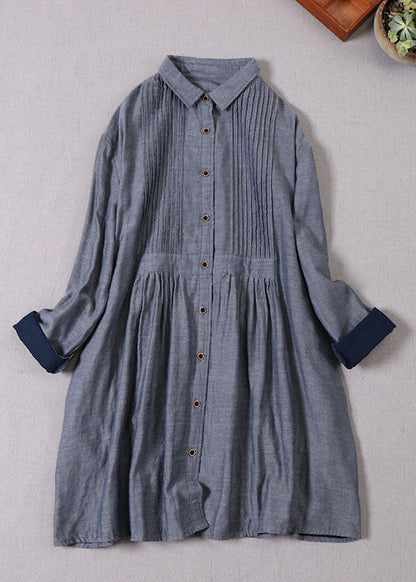Fitted Grey Peter Pan Collar Wrinkled Cotton Dresses Spring