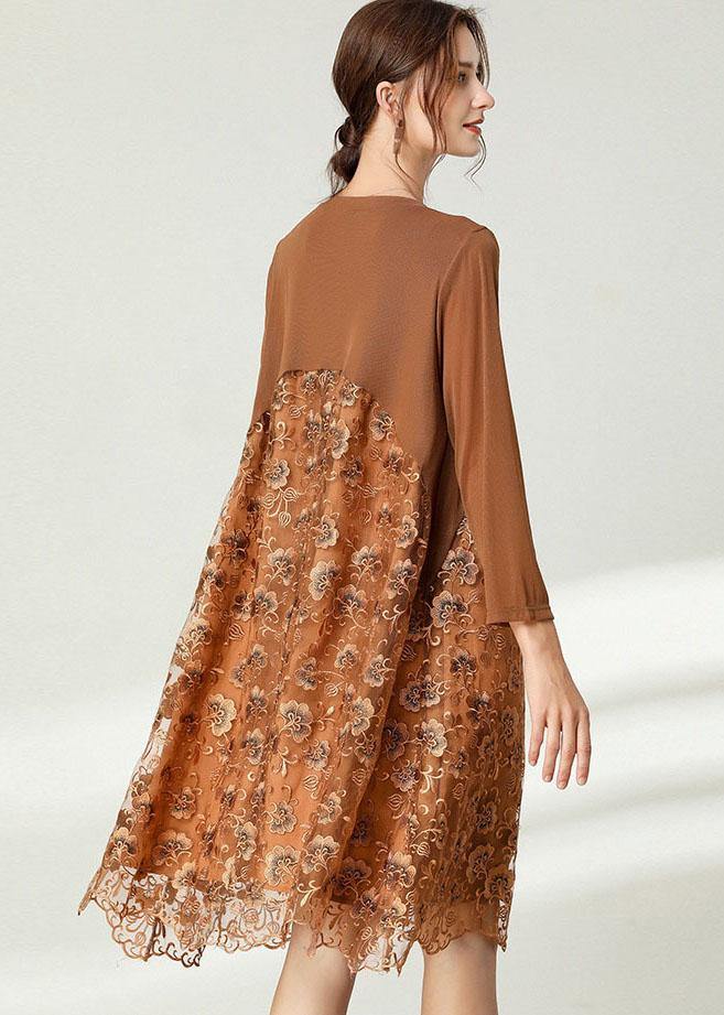Fitted Khaki Tulle Jacquard Hollow Out Fall Long Sleeve Maxi Dress