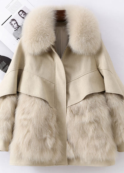 Fitted Khaki Zip Up Fox Fur Patchwork Leather Puffer Jacket Winter