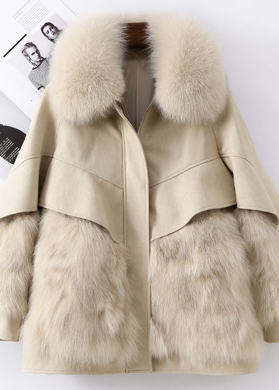 Fitted Khaki Zip Up Fox Fur Patchwork Leather Puffer Jacket Winter