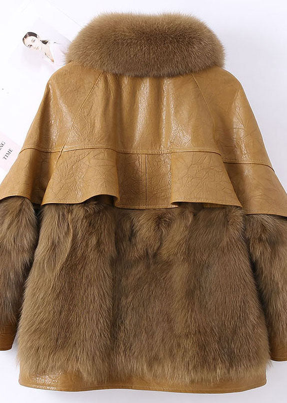 Fitted Khaki Zip Up Fox Fur Patchwork Leather Puffer Jacket Winter