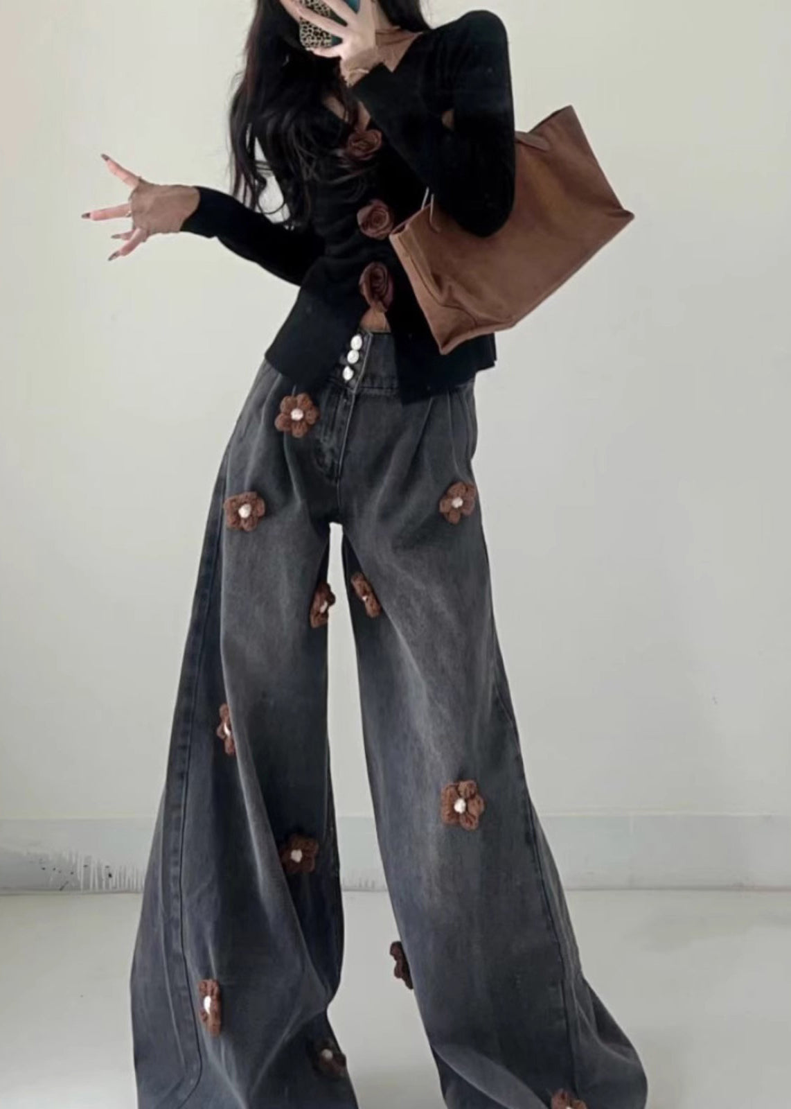 Fitted Light Blue Oversized Denim Wide Leg Pants Fall