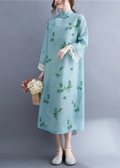 Fitted Light Green Mandarin Collar Print Lace Patchwork Cheongsam Dresses Long Sleeve
