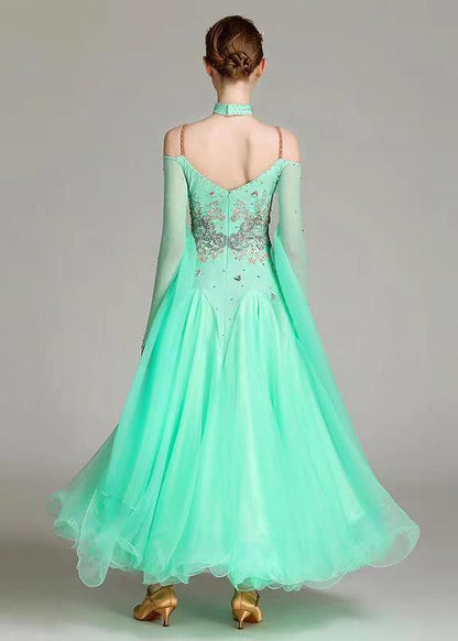 Fitted Light Green Zircon Tulle Patchwork Dance Dress Long Sleeve