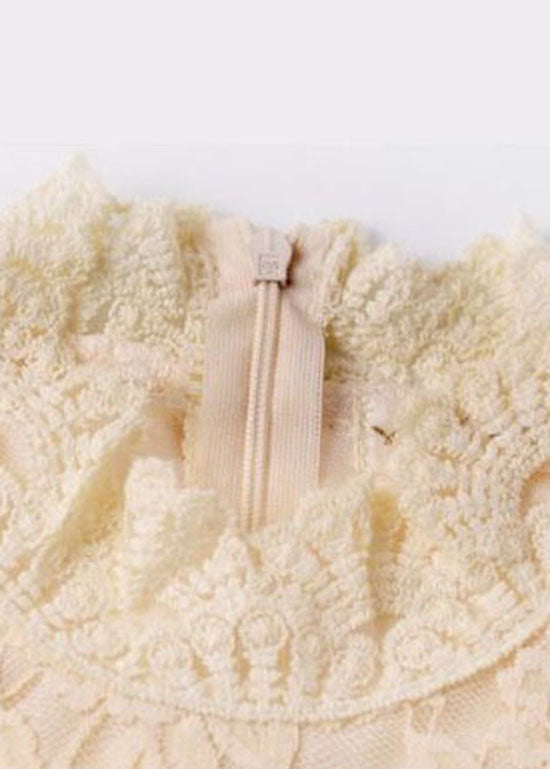 Fitted Milky White Zippered Turtle Neck Lace Tops Spring
