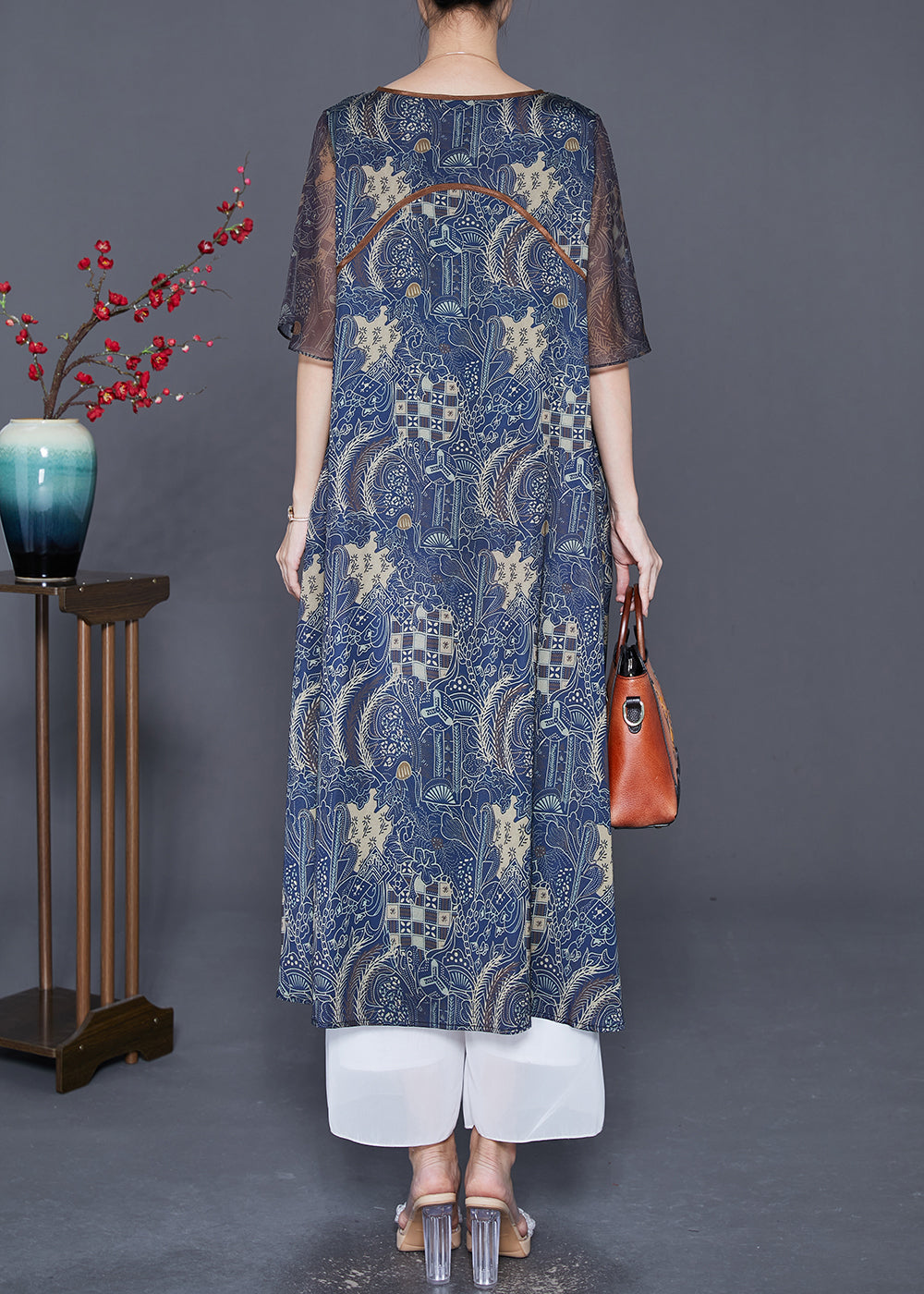 Fitted Navy O-neck Patchwork Print Silk Dresses Cloak Sleeves