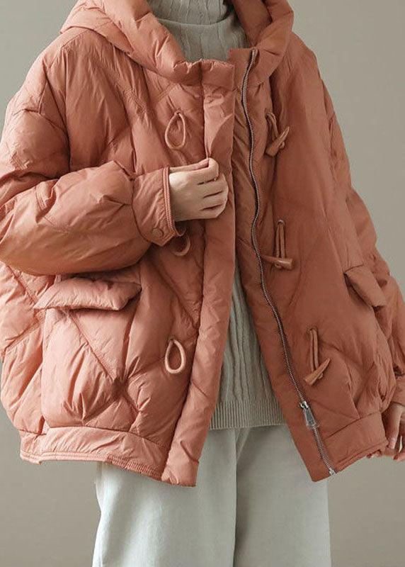 Fitted Orange Hooded Zippered Pockets Winter Down Coats Long Sleeve