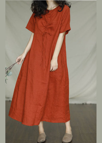 Fitted Orange O-neck Drawstring Linen Dresses Short Sleeve