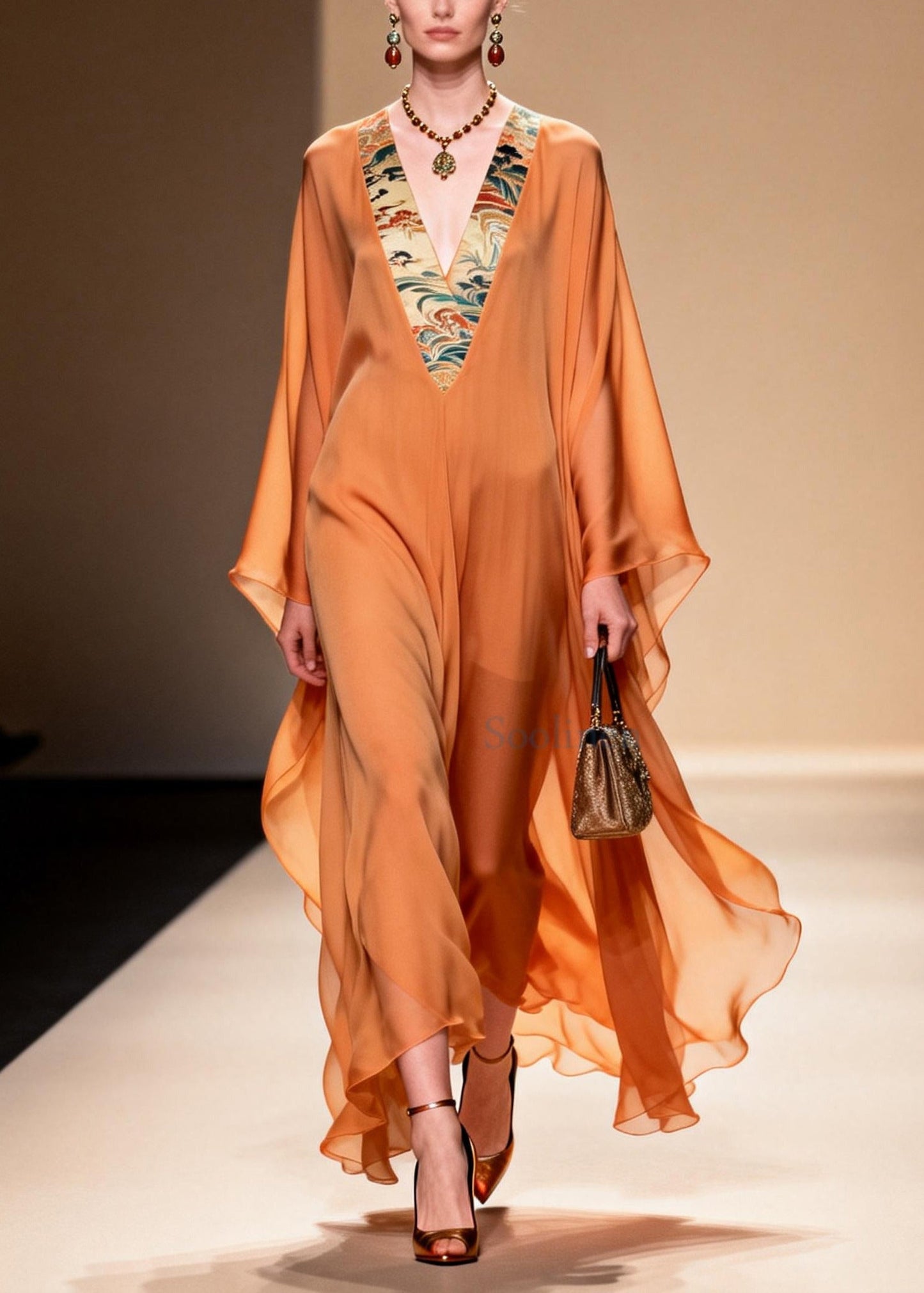 Fitted Orange V Neck Patchwork Chiffon Holiday Dresses Summer
