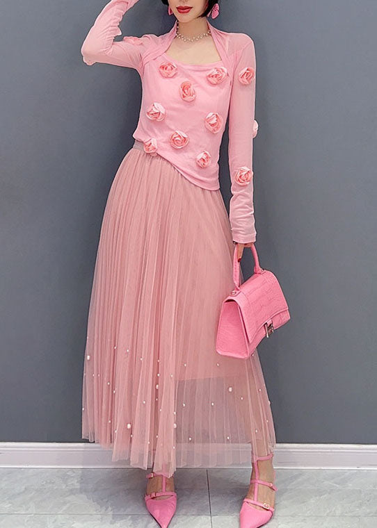 Fitted Pink Patchwork Tulle Tops Long Sleeve
