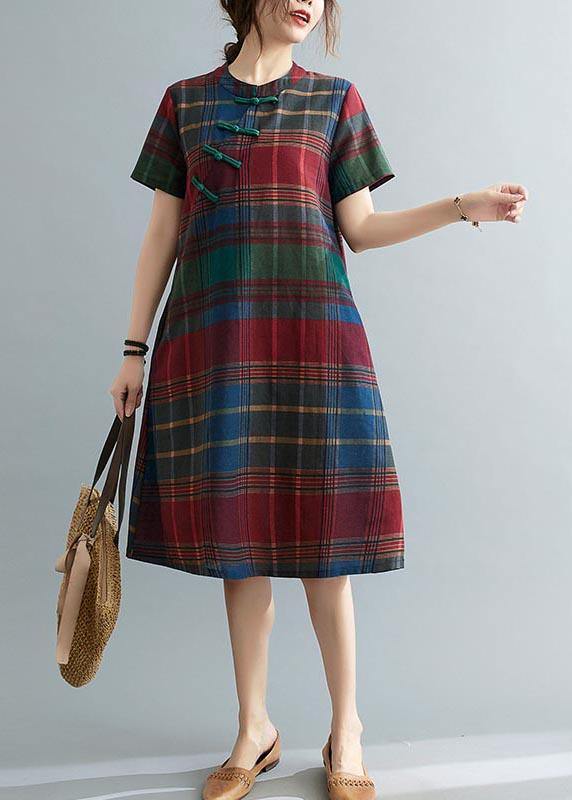 Fitted Plaid Oriental Cotton Linen Summer Dress