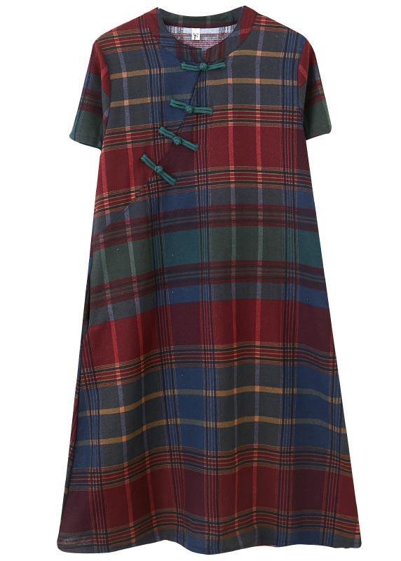 Fitted Plaid Oriental Cotton Linen Summer Dress