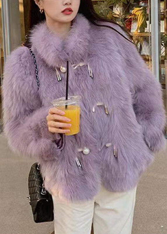Fitted Purple Stand Collar Button Leather and Fur Coats Spring