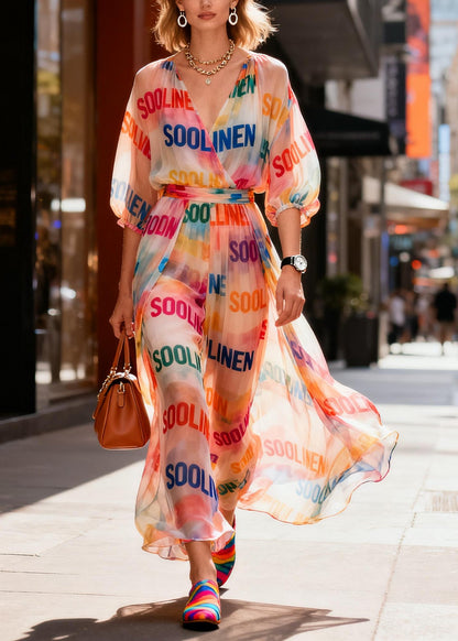 Fitted Rainbow V Neck Print Chiffon Ankle Dress Summer