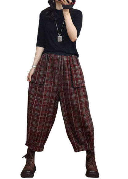 Fitted Red Plaid Pockets Lantern Pants Winter