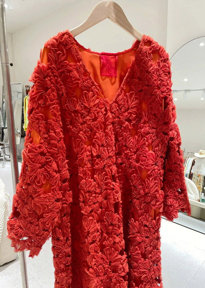 Fitted Red V Neck Hollow Out Dress Long Sleeve
