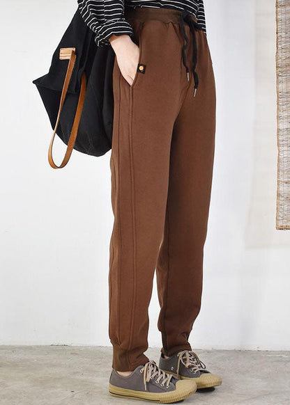 Fitted Red Elastic Waist Cinched Warm Fleece Pants Winter