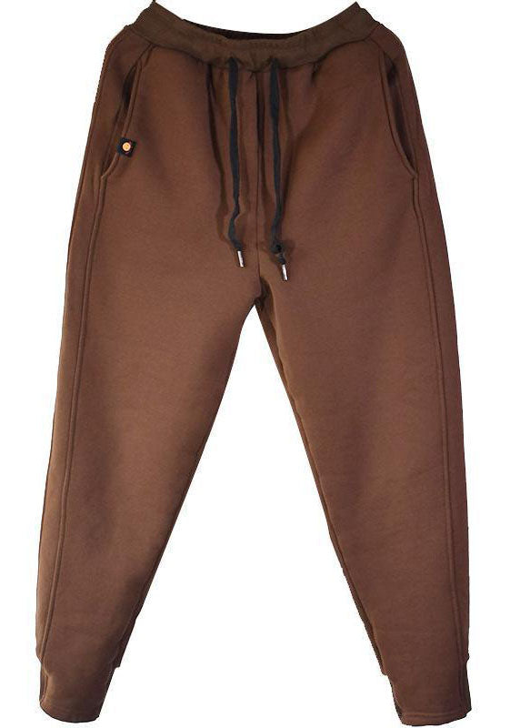 Fitted Red Elastic Waist Cinched Warm Fleece Pants Winter