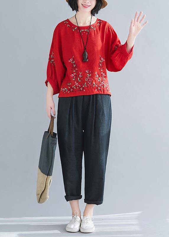 Fitted Red Lantern Sleeve Summer Cotton Linen Top
