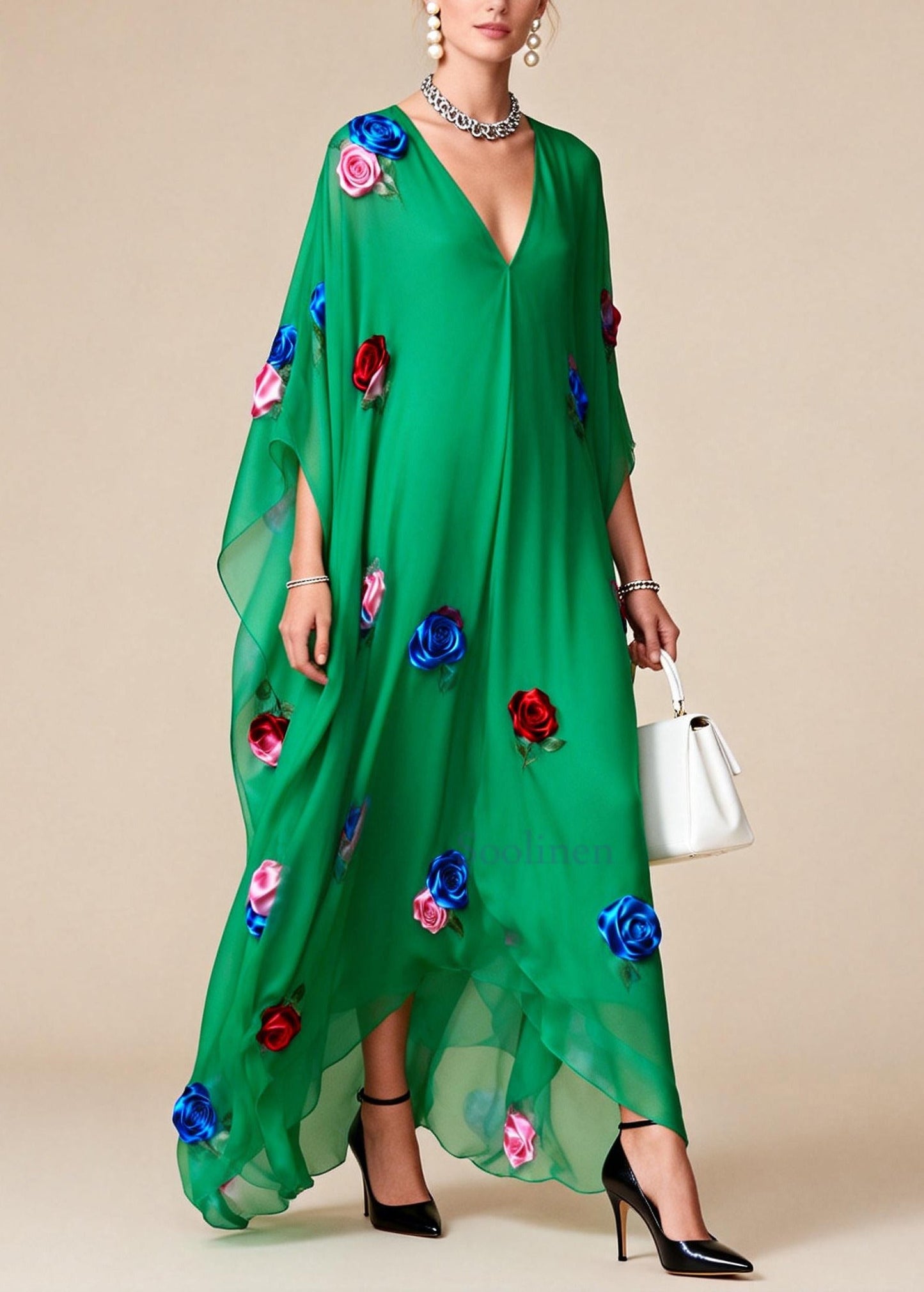 Fitted Tea Green Oversized Chiffon Maxi Dress Summer