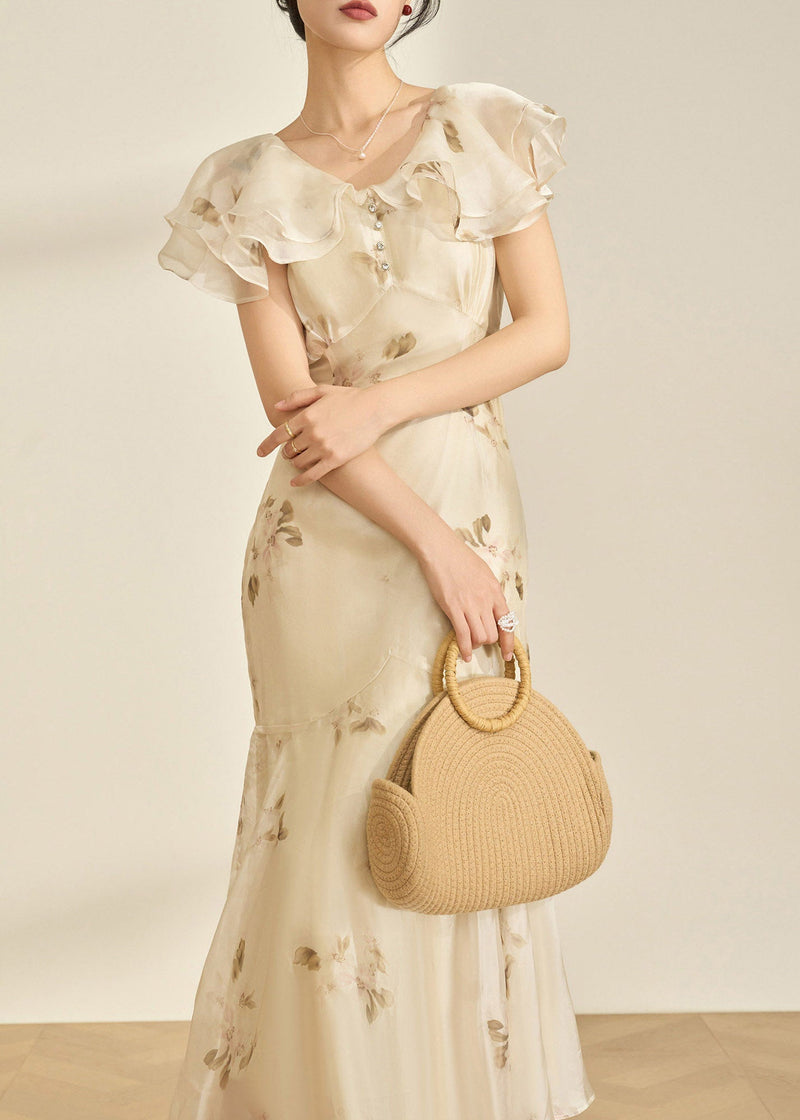 Fitted V Neck Patchwork Chiffon Long Fish-tail Dresses Flare Sleeve