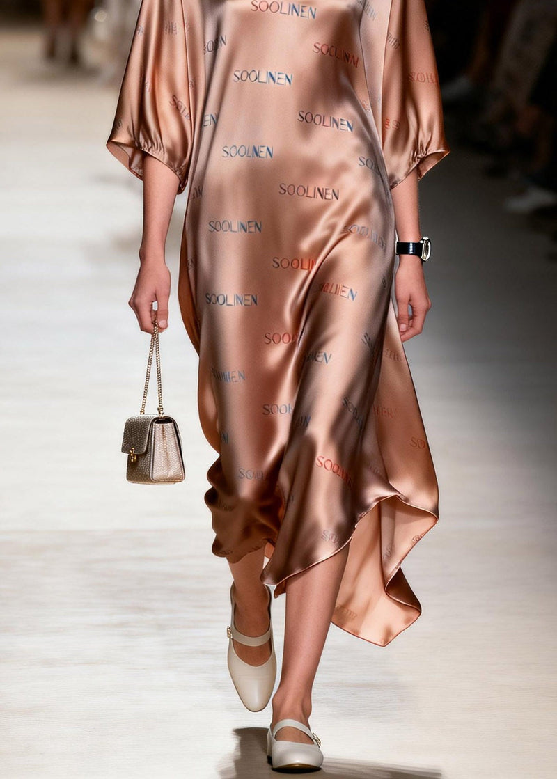 Fitted V Neck Silk Long Dress Lanter Sleeve